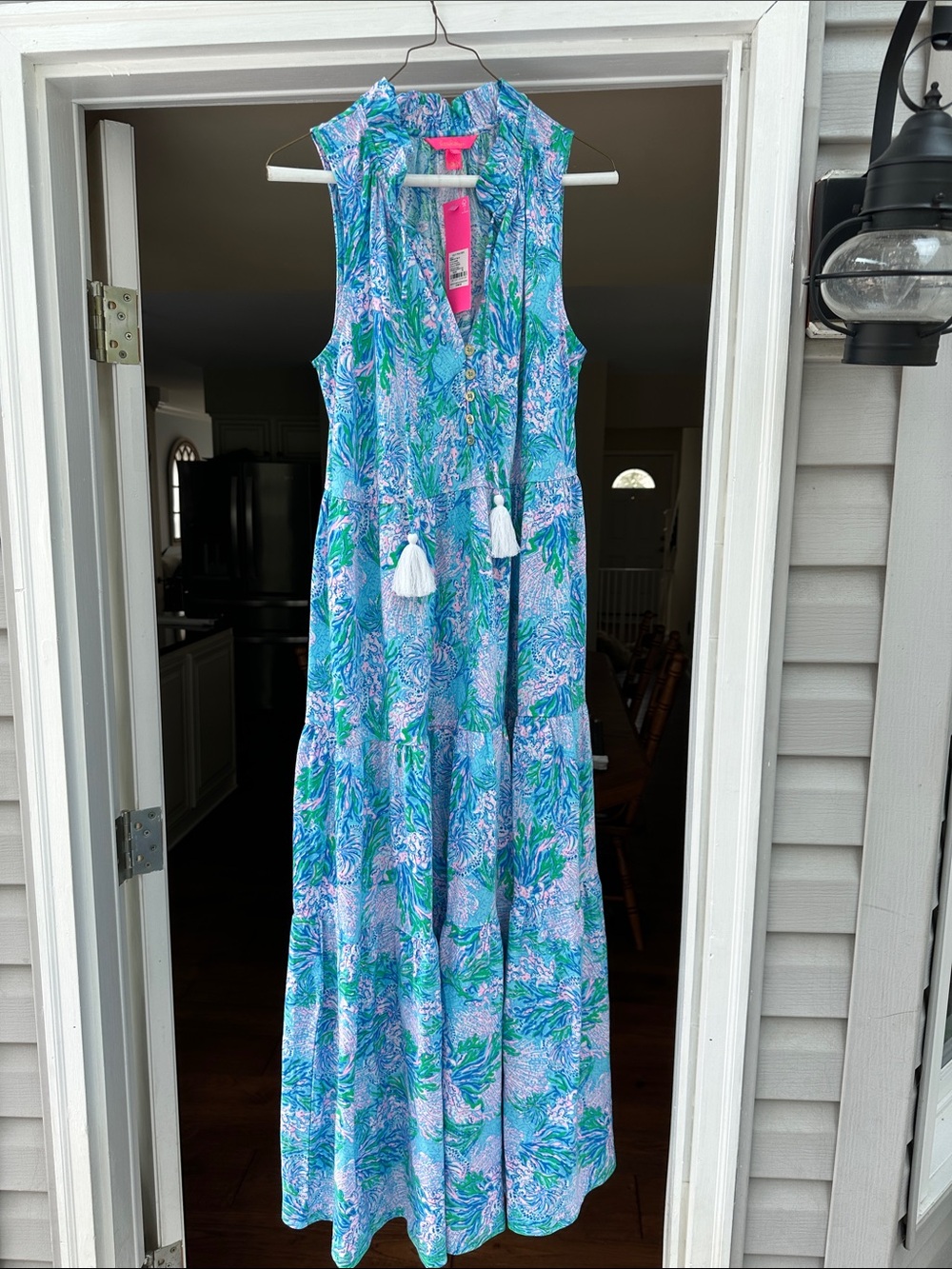 Lilly Pulitzer Blue and Green Floral Sleeveless Maxi Dress with Tassel Tie